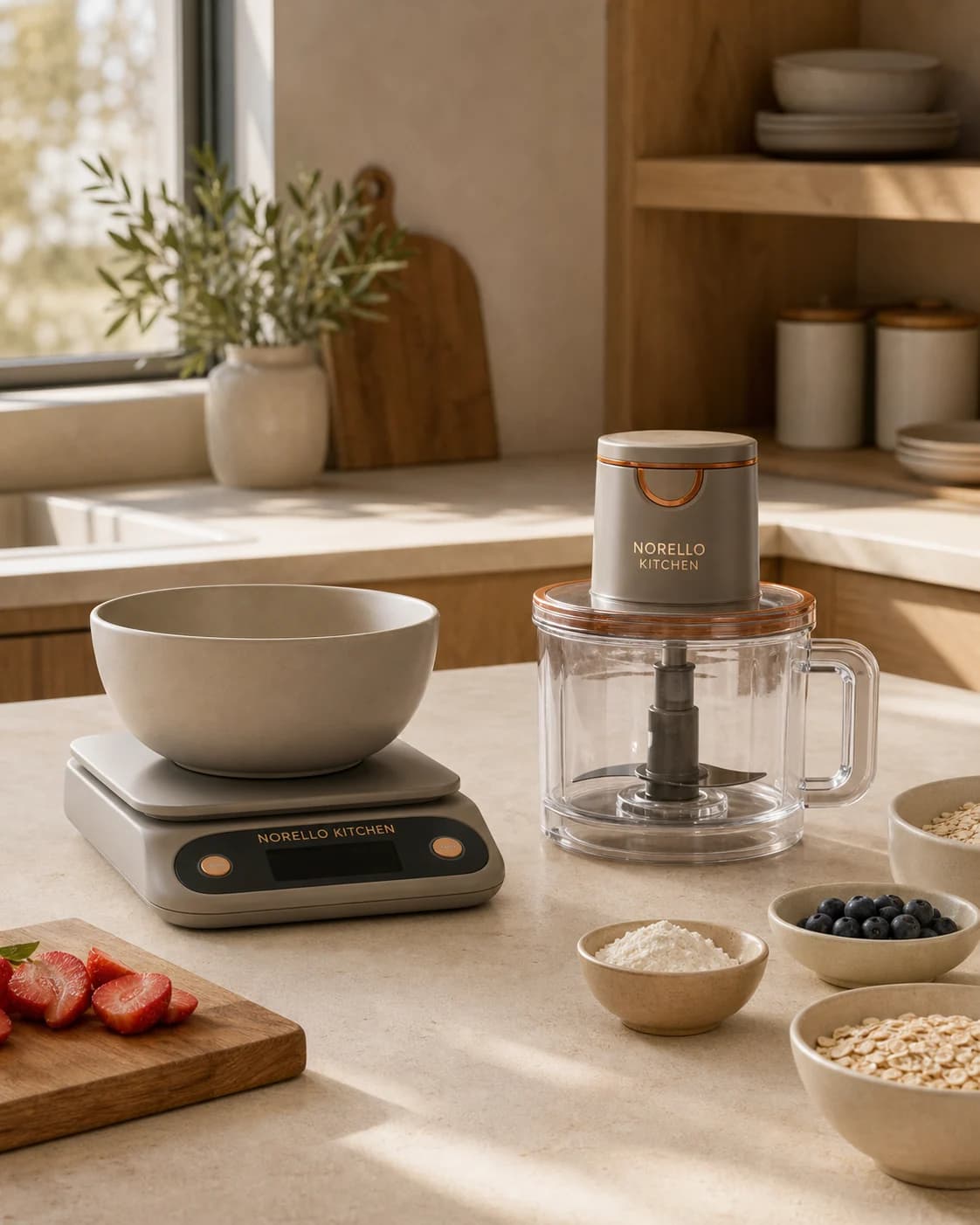 Synthetic Norello Kitchen concept showing calm, organized meal prep