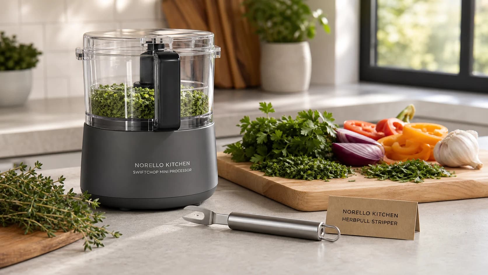 Synthetic Norello Kitchen concept showing practical tools on a warm countertop