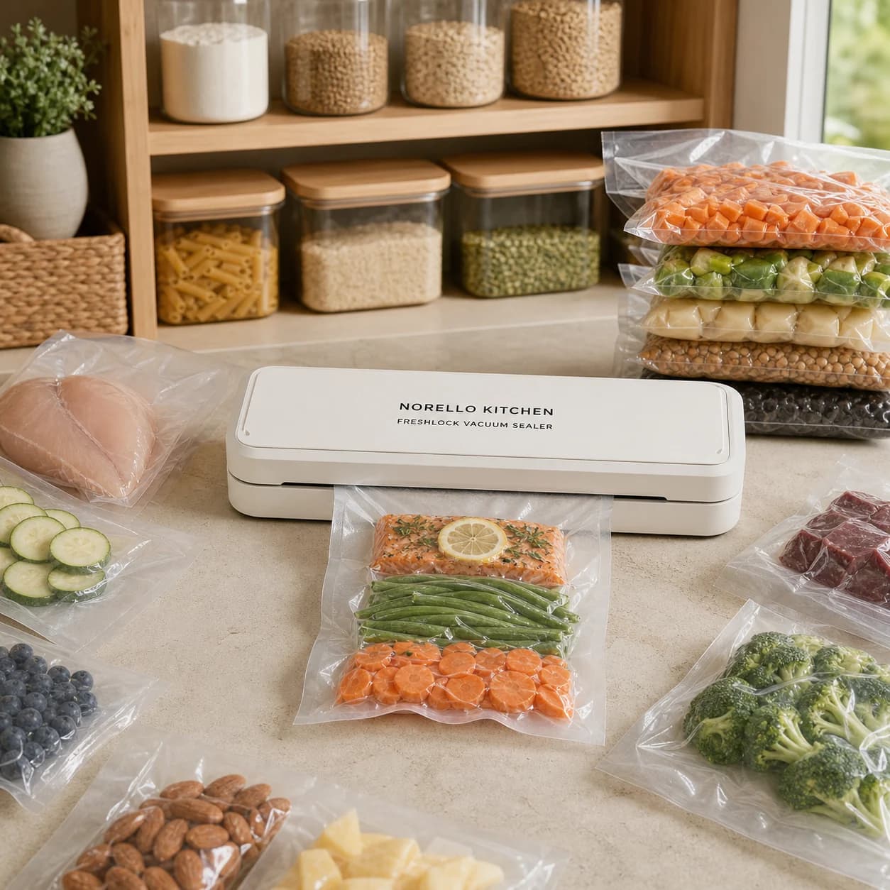 Synthetic Norello Kitchen concept showing organized vacuum-sealed food storage