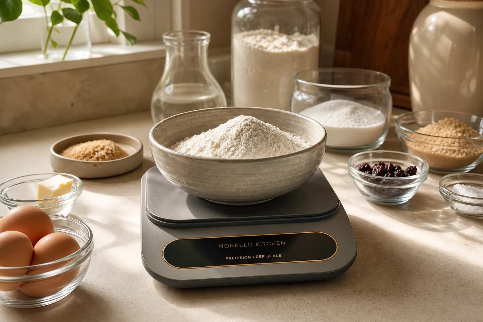 Synthetic Norello Kitchen concept showing precision weighing during meal prep